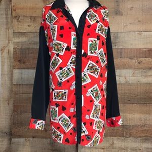Vintage Poker Print Long Sleeve Blouse